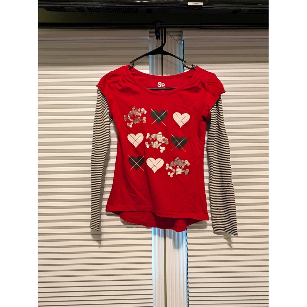 SO Girls Red Layered Look Long Sleeve Shirt Hearts Skulls GB30111 Size M 10/12